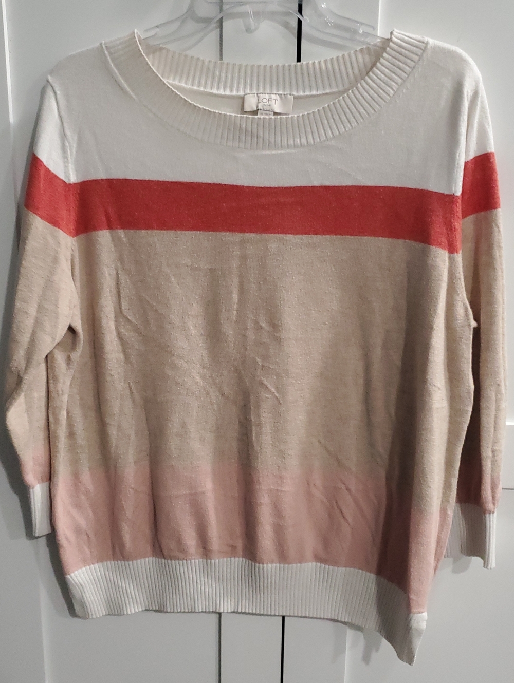 LOFT Cream, Coral & Blush Striped Crewneck Sweater
